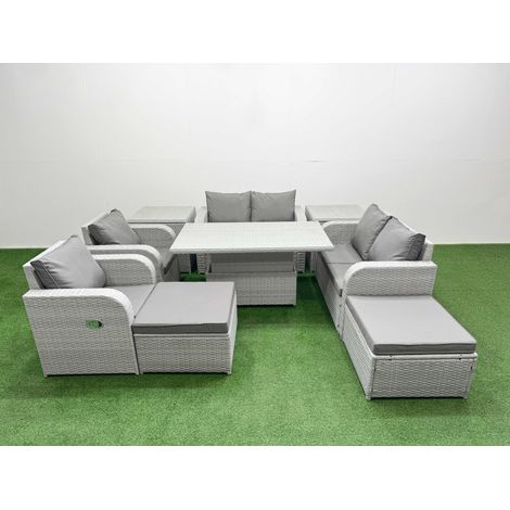 Fimous 8 Seater Outdoor Reclining Chair Love Sofa Set Rattan Garden Furniture Set with Adjustable Lifting Dining or Coffee Table 2 Big FootStools 2 Side Table Light Grey (1/5)