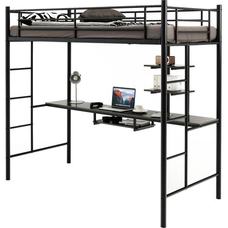 COSTWAY Hochbett mit Schreibtisch, Etagenbett mit 2 Leitern, Stockbett aus Metall, Bettrahmen für Teenager und Erwachsene (Schwarz) (1/5)
