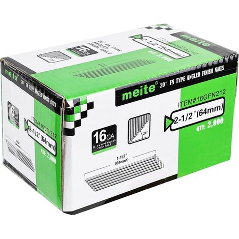 meite Inclined Finishing Nails 16GA / 64 mm, 20 Degrees, Galvanised, Wire Diameter 0.3 cm, 16G Nails for Nailers, Finishing Windows and Cabinets