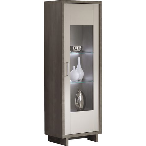 AUXANE - Vitrine 1 Porte Réversible Gris Metallisé et Gris Mat avec Leds (1/4)