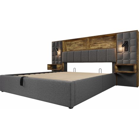 Cama canapé 180x200 gris de lino con LED, lámparas de lectura, mesitas y puertos USB-C (1/5)