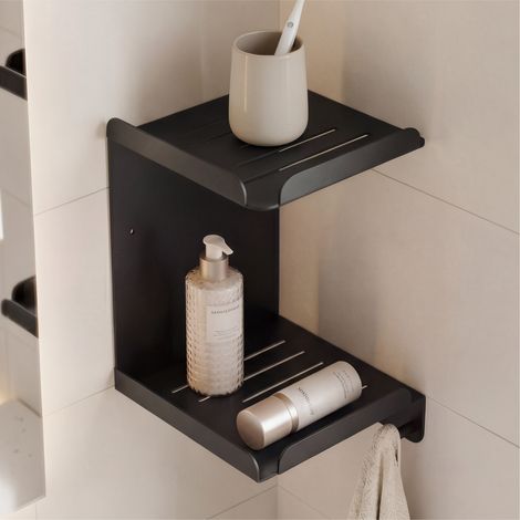 Mai & Mai Duschablage zum Bohren oder Kleben, Duschregal mit 3 Haken, Badezimmerablage zur Wandmontage, Badezimmer Organizer 22x22x32cm Schwarz Reglo-14