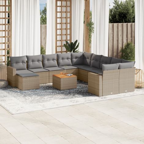Ensemble de Jardin 12 Places en Résine Tressée Beige avec Coussins Gris, Table Acacia et Mobilier Modulaire (1/3)