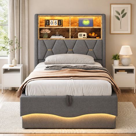 Letto contenitore 90 x 200 cm con LED, USB e vano idraulico, grigio HAVRYA (1/5)