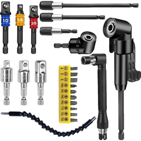 Set mit 14 105°-Winkelschraubendreherbits, selbstverriegelnden Verlängerungen, Winkelaufsatz, Verlängerungsschlüssel und weiterem Zubehör für beengte Platzverhältnisse, Haushalt und Garage (1/5)