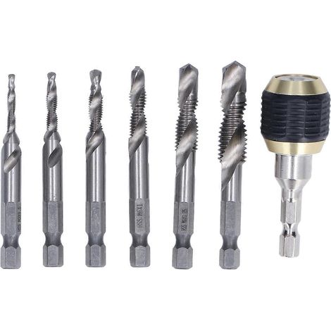7-teiliges Spiral-Kombinationsgewindebohrer-Set, HSS 1/4" Sechskantschaft, Gewindebohrer, Silbergewindebohrer