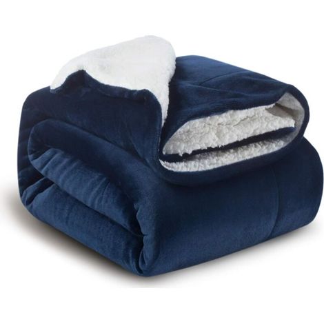 Plaid Couverture Polaire Sherpa Bleu Marine152x202cm - Couverture de Lit Réversible Double Face Douce et Chaude Plaid Jeté de Canapé Flanelle (1/5)