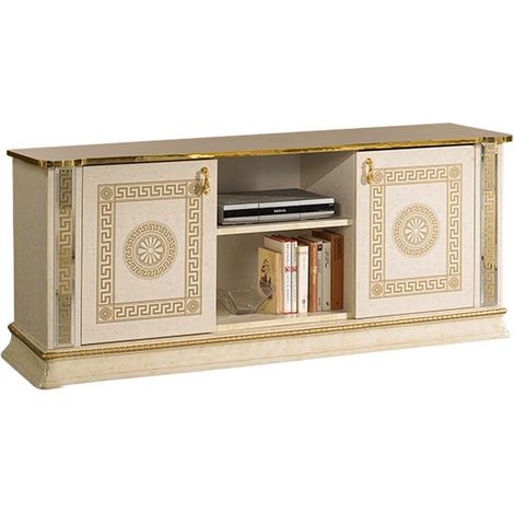 Meuble TV 2 portes 2 niches bois vernis laqué brillant beige et doré Venus 154cm (1/2)