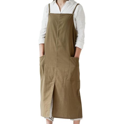 Tablier de style japonais - ajustable, imperméable, en coton et lin, avec de grandes poches, idéal pour fleuriste, café, loisirs créatifs et pâtisserie. Tablier uni décontracté. (1/5)