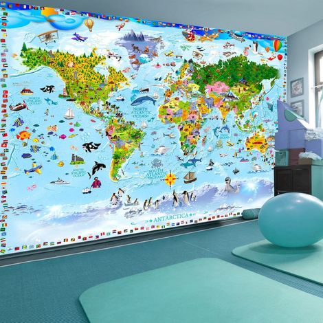 Papier peint adhésif Carte du monde pour les enfants - 147 x 105 cm (1/4)