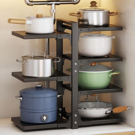 Organiseur de casseroles 7 niveaux réglables et robustes pour armoire, plusieurs modes d'utilisation, support de casseroles et poêles pour comptoir de cuisine et armoire (1/5)