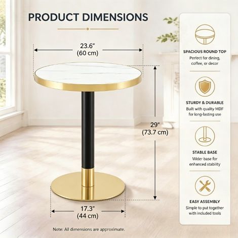 Table d'appoint ronde moderne, plateau effet marbre avec bordure dorée, structure métallique robuste noire et dorée, idéale comme table basse, table de chevet ou table de balcon. (1/5)