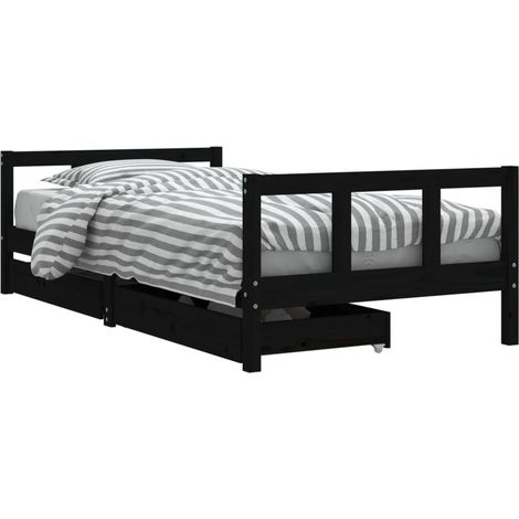 Lit simple Cadre de lit d'enfants tiroirs noir 90x190cm bois de pin massif
