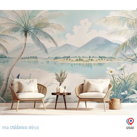 Papier peint : Palmiers, fleurs et lac, Aquarelle - Intissé - 200 cm - 280 cm (1/5)