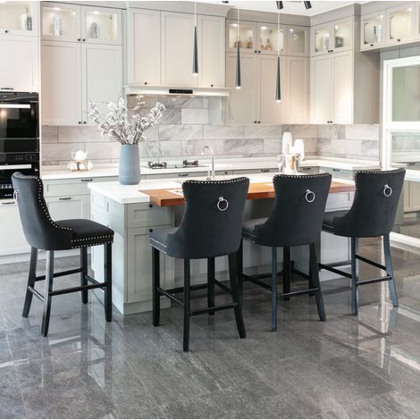 Sgabello da bar in velluto nero con schienale alto e gambe in legno,60×50×103cm (1/5)