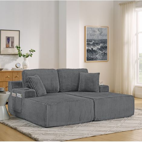 Divano letto 2 posti grigio in velluto a coste, poltrona relax multifunzione con portabicchieri e tasca laterale,186x154x78 cm (1/5)