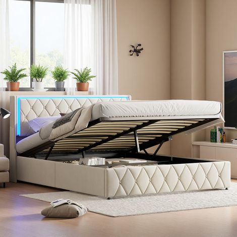 lit coffre 160x200cm, lit hydraulique, lit 2 personnes avec LED et USB, tete de lit capitonné avec étagères ouvertes, sommier à Lattes, velours, beige (1/5)