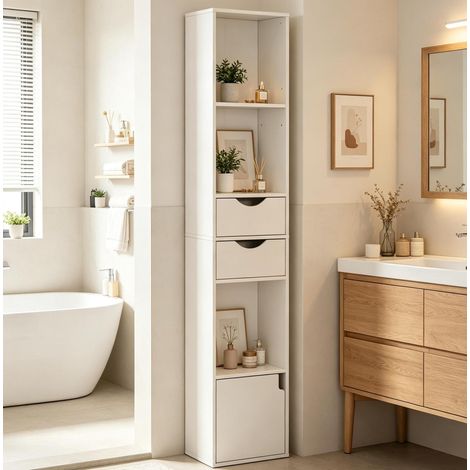 Bibliothèque blanche avec 3 niches, 2 tiroirs et 1 placard, étagère haute 157,5 cm à hauteur réglable, meuble gain de place pour salon, chambre ou bureau  CHICFURN (1/5)