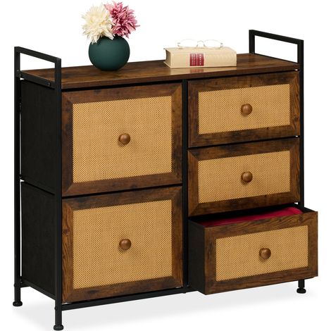 Relaxdays Dresser, 5 Fabric Drawers, Rattan Look, Storage, Hallway, Bedroom, HWD: 77 x 85 x 31.5 cm, Metal, Brown/Black (1/5)