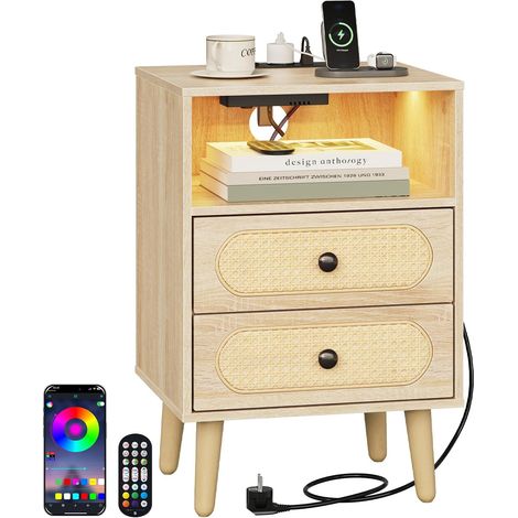 WOLTU Table de Chevet Connectée, Aspect Rotin, Éclairage LED Réglable et Multiprise, Table de Nuit en Bois, 40x35x60 cm, Chêne Clair (1/5)