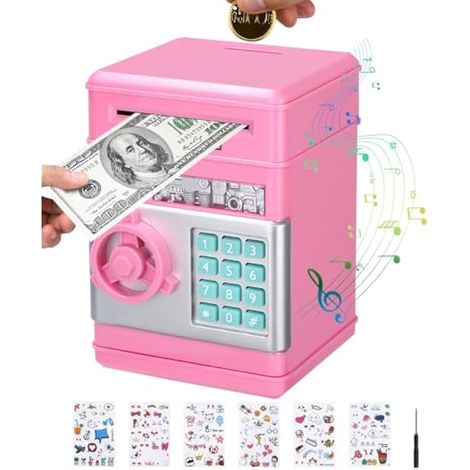Tirelire électronique sécurisée pour enfants, coffre à monnaie avec cadenas à code et dépôt automatique, jouet cadeau pour pièces et billets, rose (1/4)