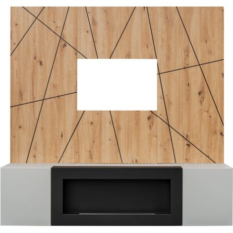 Ensemble meuble TV mural Xari G2-K avec cheminée bioéthanol - Bois MDF gris perle et chêne artisan - 160 x 158 x 40 cm - Livraison gratuite (1/5)