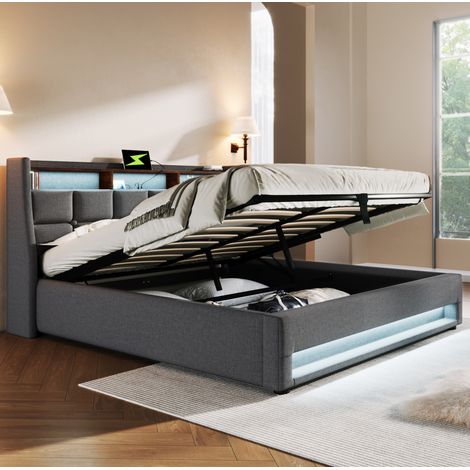 Lit rembourré vintage moderne 160x200 cm en lin gris avec tête de lit USB, LED, coffre de rangement et sommier à lattes (1/5)