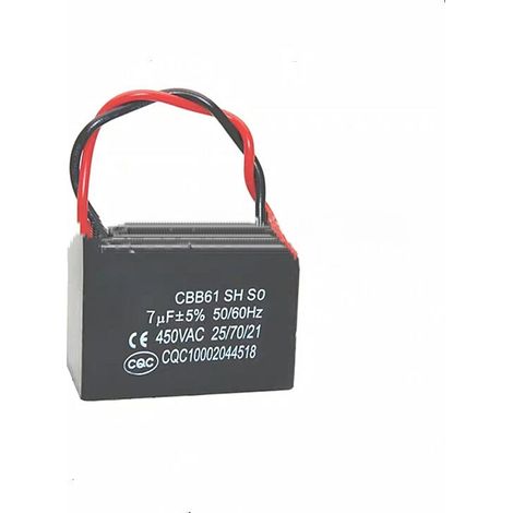 Lot de 2 condensateurs de démarrage CBB61 7 µF 450 V avec fils pour ventilateurs de plafond, extracteurs d'air haute puissance et ventilateurs industriels - 7 µF, prêts à l'emploi.