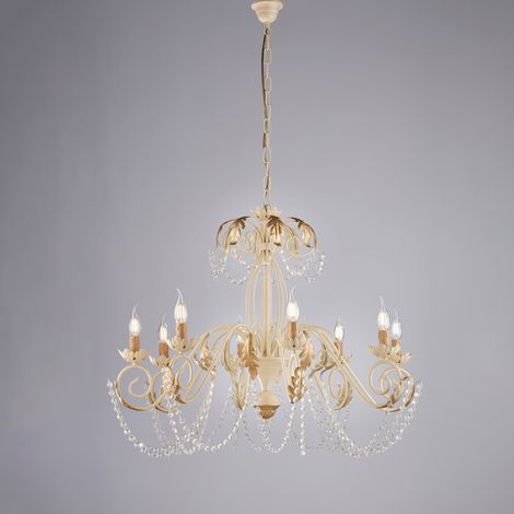 Lustre Damasco Fer Ivoire, Strass Cristal, Déco Or Antique Effet Décapé, 8 Lumières D.90 Cm Style Classique Chic
