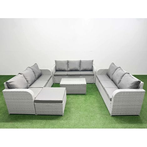 Fimous PE Rattan Lounge Sofa Set 10 Seater Outdoor Garden Furniture Set with Rectangular Coffee Table 3 Seater Sofa Big Footstool Light Grey (1/5)