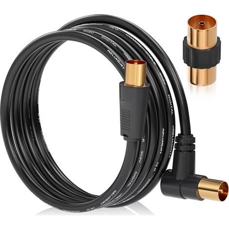 x 10m TV antenna cable, 75 Ohm coaxial, double shielded pure copper, right-angle connector, adapter included (1/5)