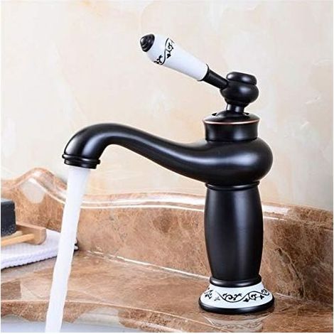 Mitigeur monocommande noir en laiton antique style vintage avec détails en porcelaine, modèle polyvalent pour cuisine et salle de bains domestique. (1/5)