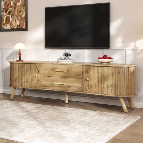Meuble Tv 160x36,5x55 cm avec 2 portes coulissantes, 2 tiroirs, relief vertical et pieds en bois massif, naturel (1/5)