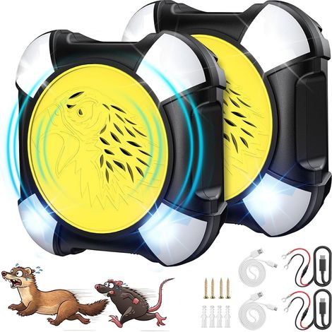 2 Unité Anti Rongeur Voiture, Repulsif Ultrason Anti Loir et Anti Martre, Alimentation 12V pour Voiture et USB, Anti Rongeur avec Lumière Adapté aux Voitures, Garages et Greniers (1/5)