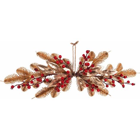 Guirlandes de Noël en fagot avec aiguilles de pin, feuilles dorées, baies rouges et cordon, lot de 3, 60 cm
