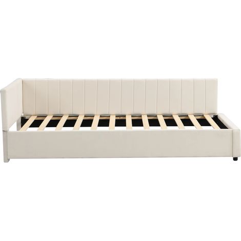 Divano letto, tessuto in velluto, design moderno, beige, monoposto (1/2)
