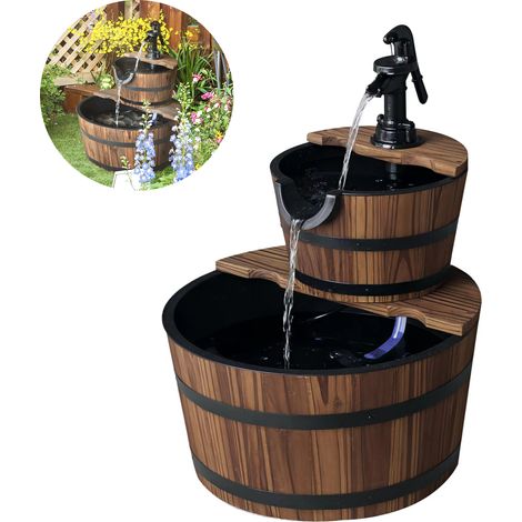 Fontaine en tonneaux de bois à deux niveaux avec pompe électrique — Cascade de style rustique, idéale pour les patios et les porches. (1/5)