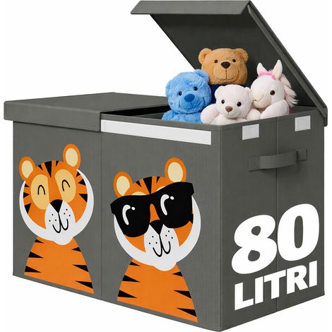 Box Contenitore Giocattoli con Animali Doppio Pieghevole 80L Grigio Salvaspazio