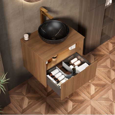 Meuble vasque suspendu 60 cm avec vasque en céramique motif pierre noire, placage chêne brun à rayures, tiroir et étagère, éclairage LED sensoriel, préassemblé (1/5)