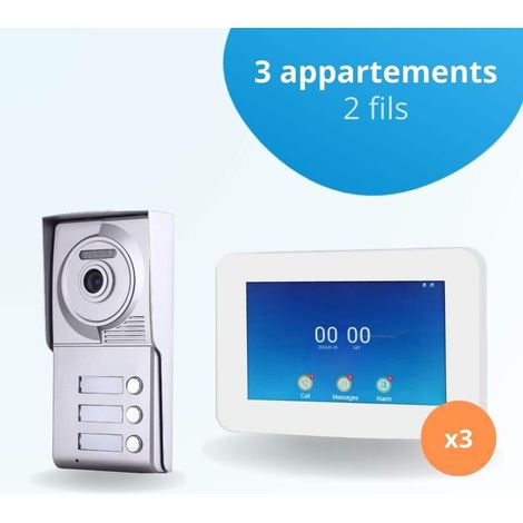 Portier interphone vidéo NEO 2 Fils - 3 appartements - 3 écrans tactiles connectés 7" blanc
