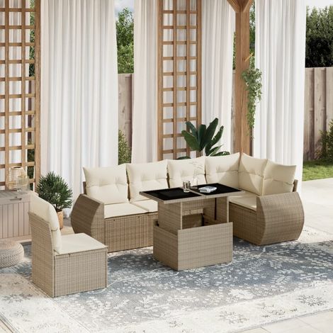Salon de jardin 7 pièces en résine tressée beige avec coussins lavables et table réglable 100x55 cm (1/5)