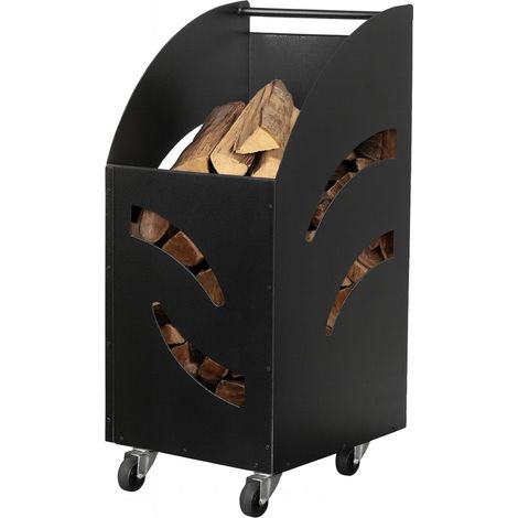 Portalegna da camino a rettangolare in acciaio verniciato nero - misura 32×42×80 cm - Carrello dal design elegante con con ruote girevoli e maniglia (1/5)
