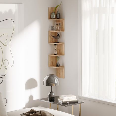 Étagère d'angle Murale de Rangement Forme Zigzag 20L x 20l x 126H centimètres 5 Niveaux Bois chêne Clair