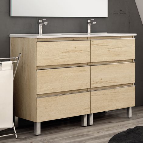 Meuble de salle de bain 140cm double vasque - 6 tiroirs - sans miroir - bambou (chêne clair) - PALMA (1/5)