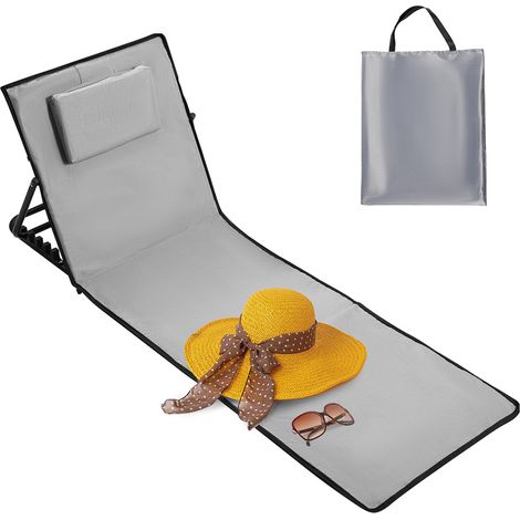 Jiubiaz Strandmatte mit Rückenlehne Gepolstert klappbar UV-beständig Tasche Reißverschluss Kissen Tragegurt Garten Camping Picknick Liegematte 145 x 47cm, Grau