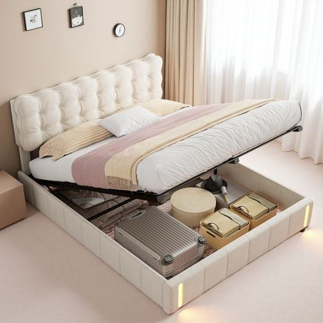 Letto Doublé 160x200 - Rete con Contenitore Idraulico - Velluto Beige - Illuminazione LED Intelligente - Eco-sostenibile