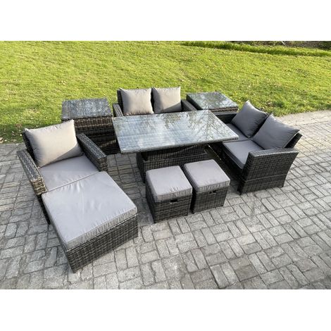 Fimous 8 Seater Outdoor Rattan Patio Furniture Set Garden Height Adjustable Rising Lifting Table Sofa Dining Set with 2 Side Tables 3 Footstools Dark Grey Mixed (1/5)
