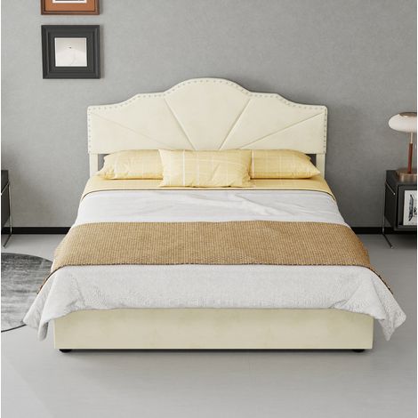 Letto moderno imbottito in tessuto beige 140x200 cm con testiera geometrica e materasso incluso