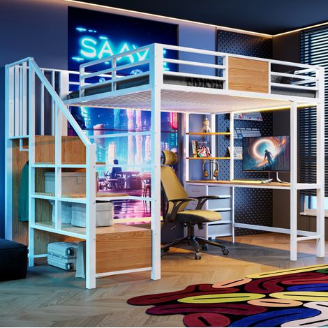 Lit mezzanine 140x200 en métal avec bureau, étagères, penderie, LED et prise EU OKWISH (1/5)