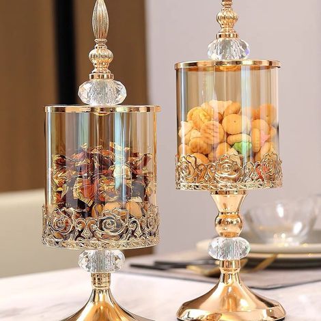 Glas-Aufbewahrungsdose aus Kristallglas mit Deckel, europäischer und amerikanischer Stil, rosa Blumenrand, Dekoration für Wohnzimmer oder Couchtisch, Bonbonniere (2er-Set: 1 groß + 1 klein, goldfarben (1/5)